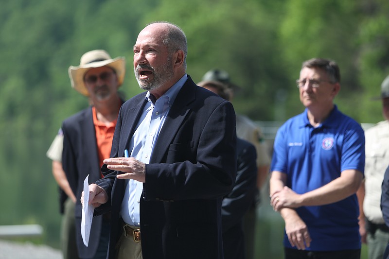 Brock Hill, deputy commissioner for the Bureau of Parks and Conservation, opens up a press conference Monday, May 14, 2018 in Benton, Tenn. Rep. Chuck Fleischmann, Deputy Commissioner for Parks and Conservation Brock Hill, Keith Jenkins of the Ocoee Whitewater Association, Tennessee Valley Authority Vice President of Land and River Management David Bowling were in attendance.
