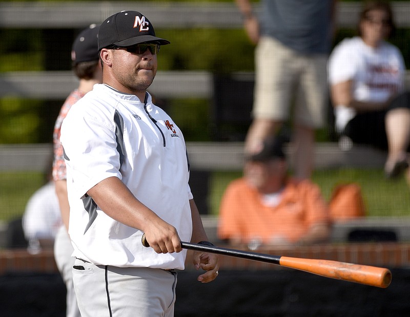 Meigs head coach Tyler Roberts gets his Tigers ready.  The Meigs County Tigers visited the Hixson Wildcats in the TSSAA Region 3-AA baseball final on May 14, 2018.  