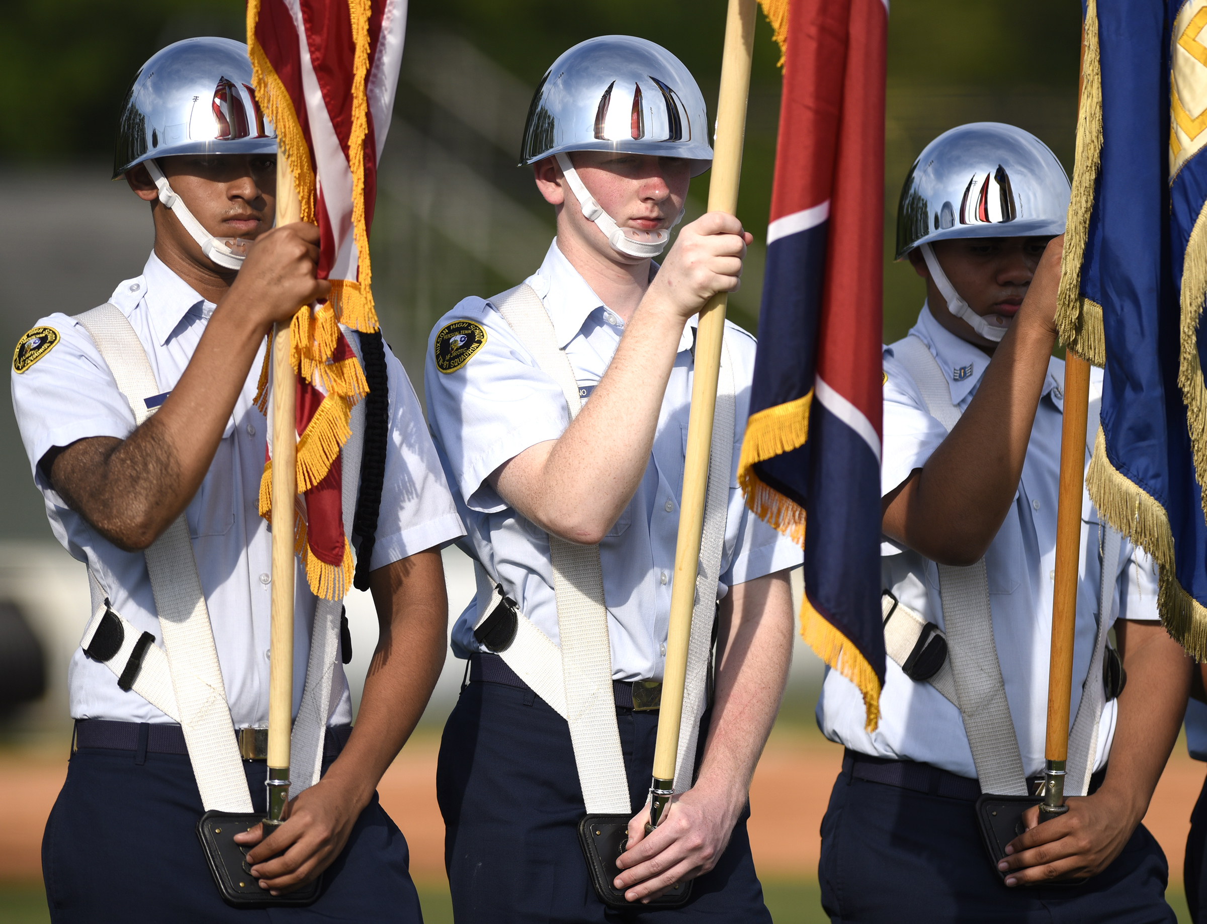 The Hixson Air Force ROTC Color Guard presents the colors. The Meigs County Tigers visited the Hixson Wildcats in the TSSAA Region 3-AA baseball final on May 14, 2018.