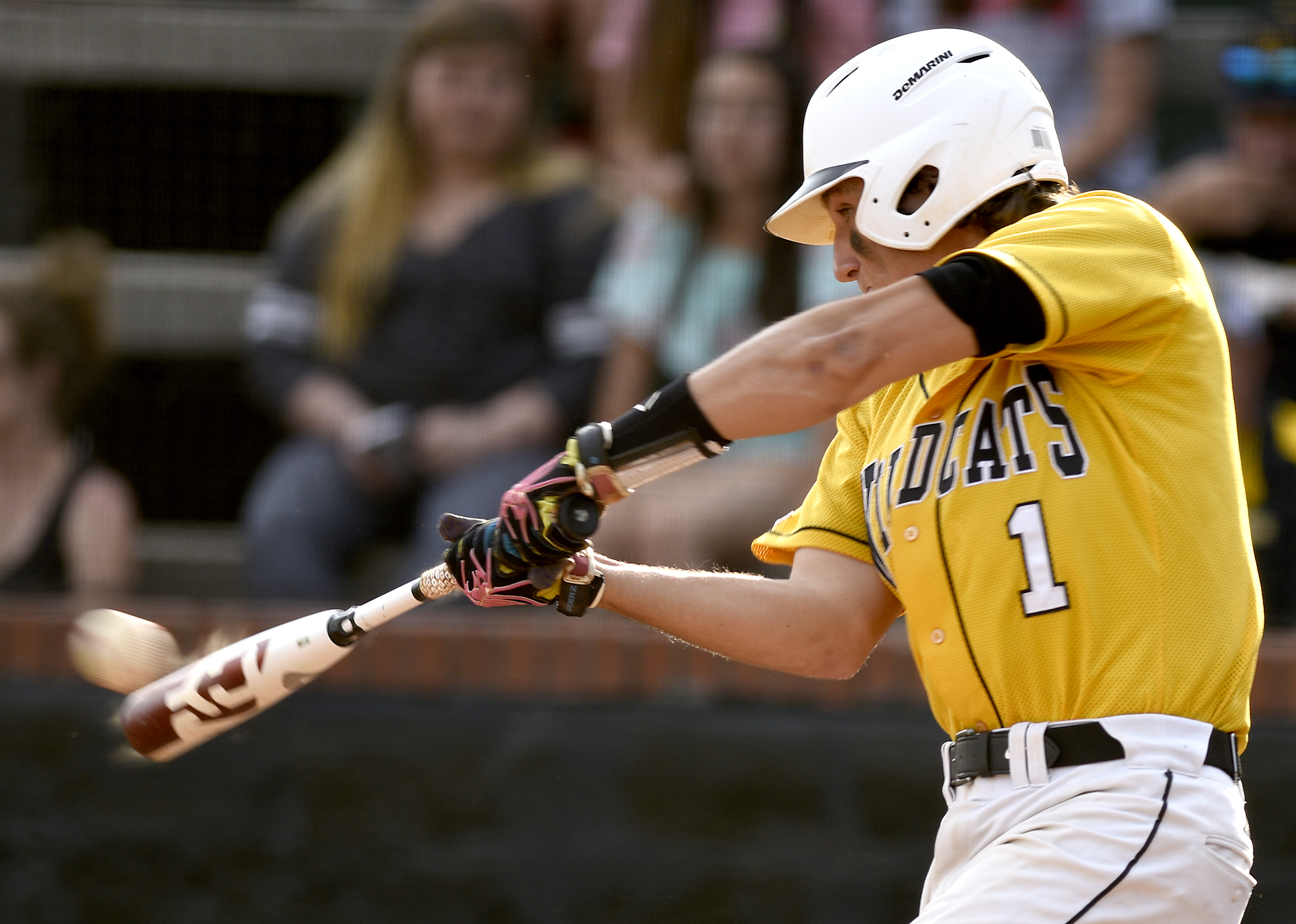 Hixson leadoff hitter, Landon Wallace (1) connects for a base hit. The Meigs County Tigers visited the Hixson Wildcats in the TSSAA Region 3-AA baseball final on May 14, 2018.