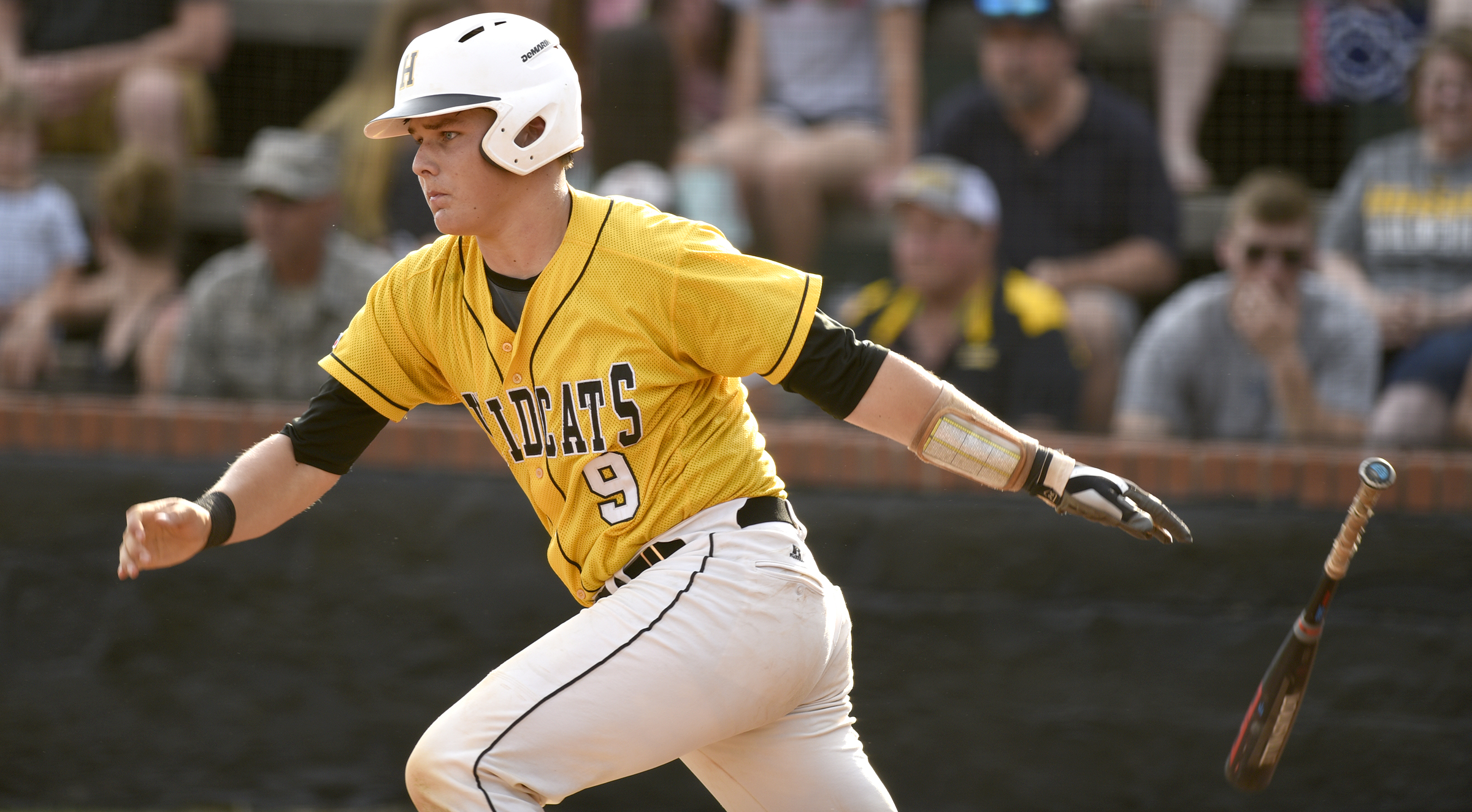 Hixson's Jack Julien (9) starts down the base path after making contact. The Meigs County Tigers visited the Hixson Wildcats in the TSSAA Region 3-AA baseball final on May 14, 2018.