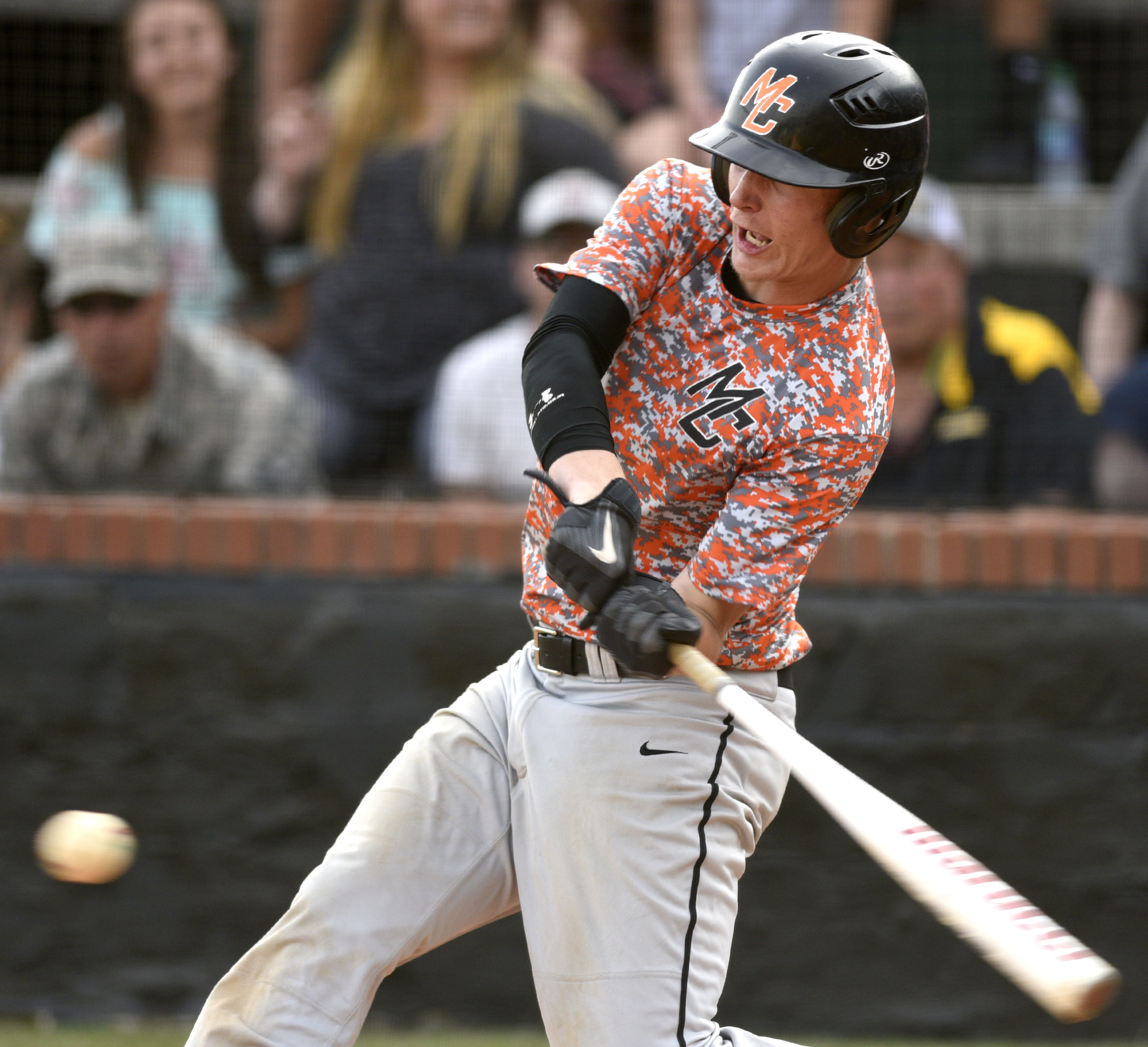 Meigs County's Aaron Sweetland (10) connects for a base hit. The Meigs County Tigers visited the Hixson Wildcats in the TSSAA Region 3-AA baseball final on May 14, 2018.