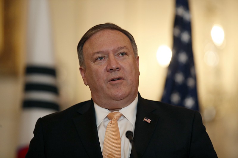 Secretary of State Mike Pompeo speaks during a media availability with South Korean Foreign Minister Kang Kyung-wha at the State Department, Friday, May 11, 2018 in Washington. (AP Photo/Alex Brandon)