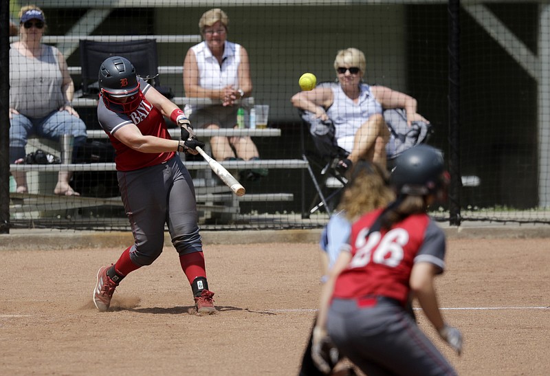 Baylor's Kamrie Rich connects for a game-ending home run against St. Agnes during the first game of the Division II-AA state quarterfinals at Baylor School on Tuesday, May 15, 2018 in Chattanooga, Tenn. Rich's 3-run homer, her second home run of the day, would put Baylor over the limit to run rule St. Agnes 16-0 in four innings.