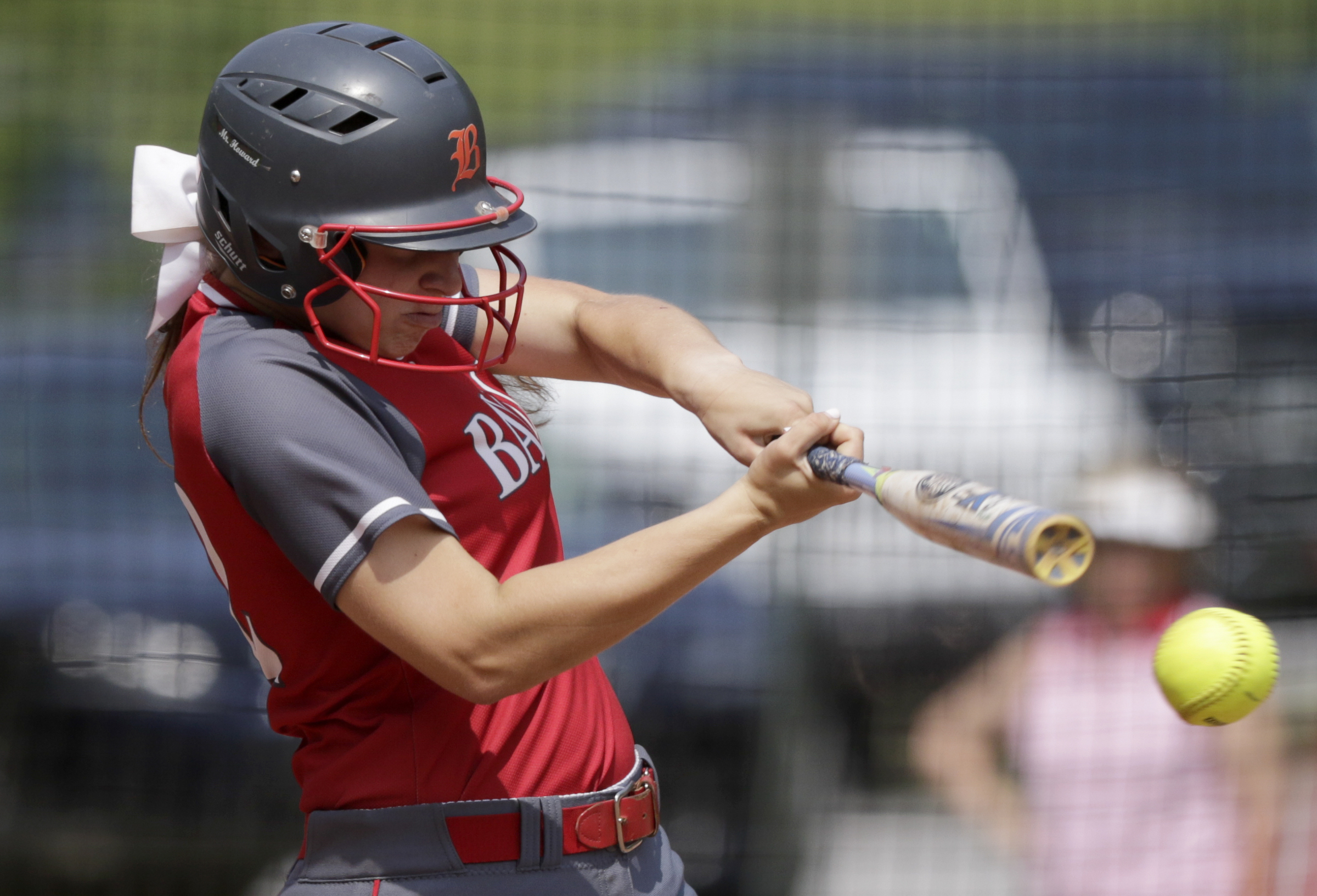 Baylor's Brinley Garrison connects with the ball against St. Agnes during the first game of the Division II-AA state quarterfinals at Baylor School on Tuesday, May 15, 2018 in Chattanooga, Tenn.