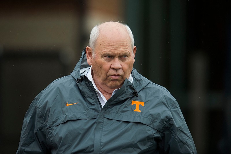 In this March 20, 2018, file photo, Tennessee's athletic director Phillip Fulmer watches during the first day of spring NCAA college football practice, in Knoxville, Tenn.