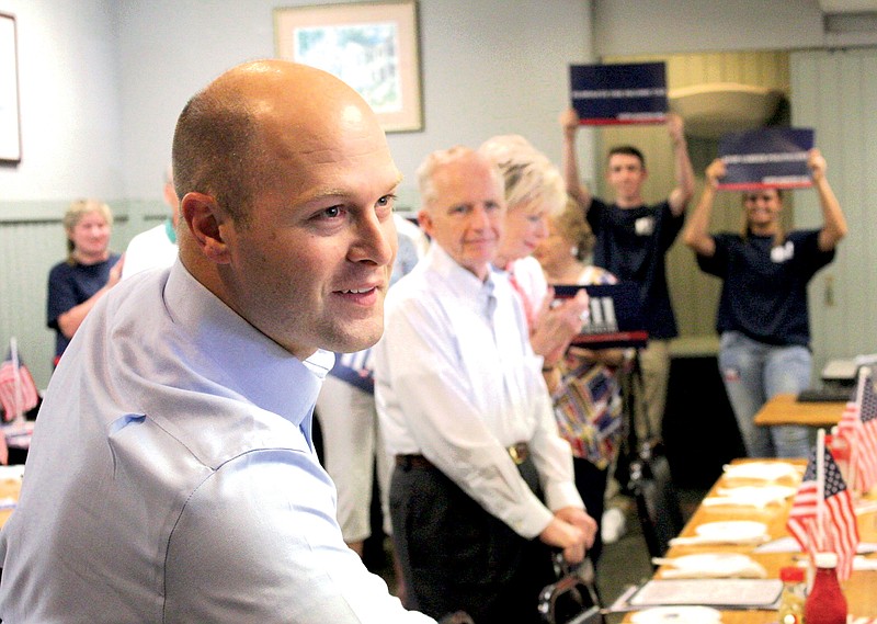 Georgia gubernatorial candidate Hunter Hill shakes hands with supporters during his statewide bus tour on May 3 in Macon, Ga. (Photo Contributed by Georgians For Hunter Hill)