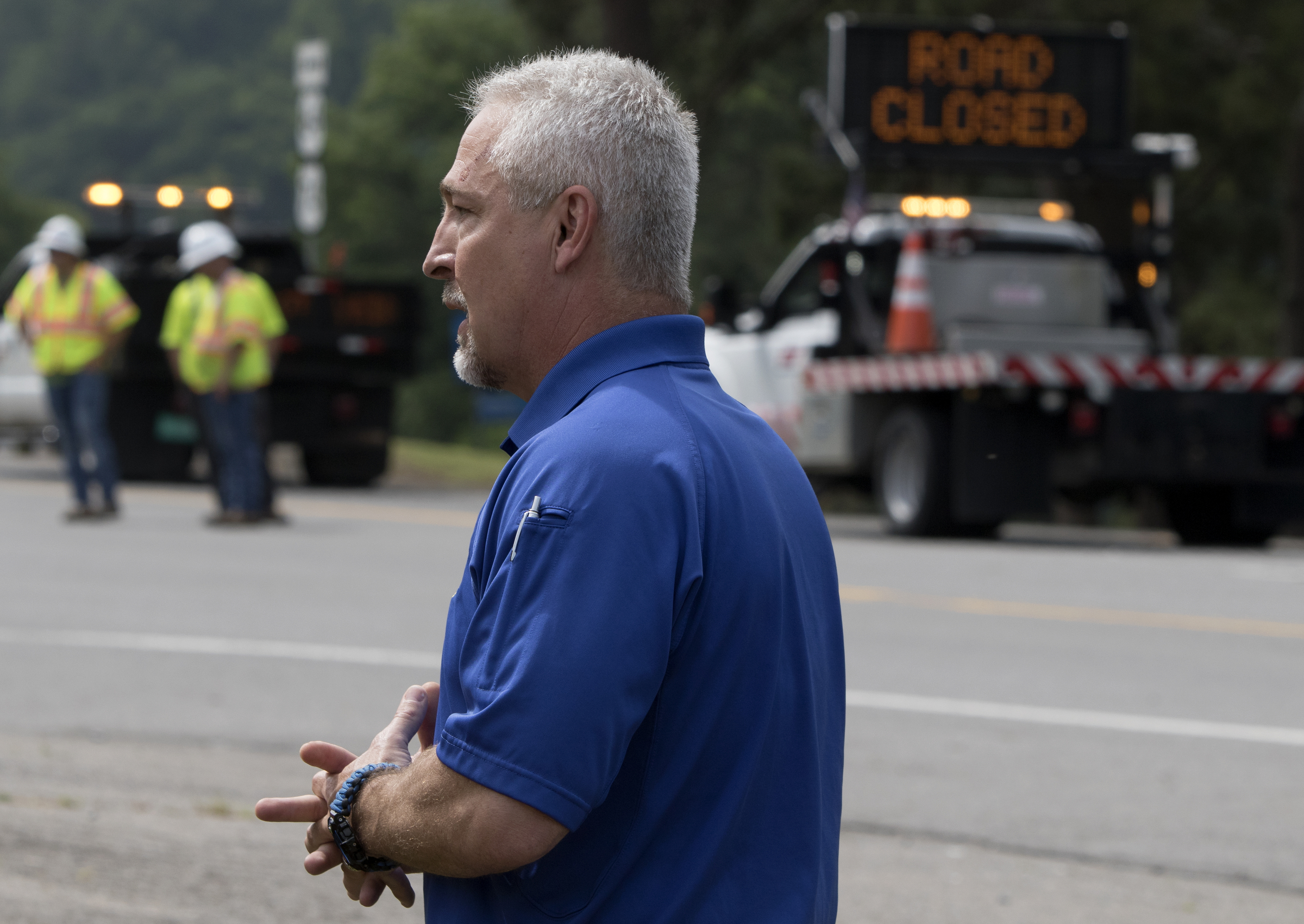 Polk County Sheriff Steve Ross speaks to the media about the tanker truck that overturned into the Ocoee River yesterday evening in Polk County near the Tennessee Valley Authority Ocoee #1 dam on Wednesday, May 16, 2018, in Benton, Tenn.