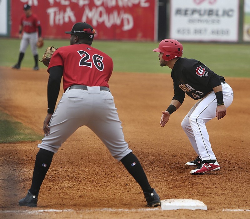 The Chattanooga Lookouts' Zander Wiel takes a lead off first base during a home game against the Birmingham Barons on April 8. Wiel was part of a big seventh inning at the plate Wednesday afternoon as the Lookouts beat the visiting Tennessee Smokies 8-6 for their 13th win in 15 games this month.