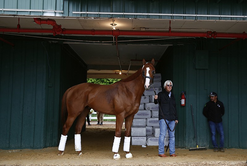 Trainer Bob Baffert walks Kentucky Derby winner Justify in a barn, Wednesday, May 16, 2018, after Justify's arrival at Pimlico Race Course in Baltimore. The Preakness Stakes horse race is scheduled to take place Saturday, May 19. (AP Photo/Patrick Semansky)