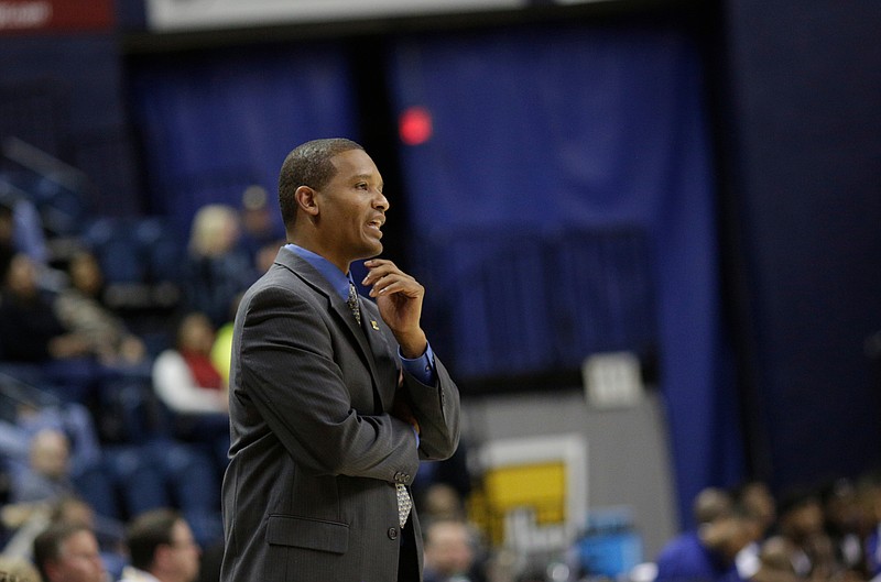 UTC men's basketball coach Lamont Paris shouts from the sideline during the Mocs' November game against Tennessee Wesleyan at McKenzie Arena.