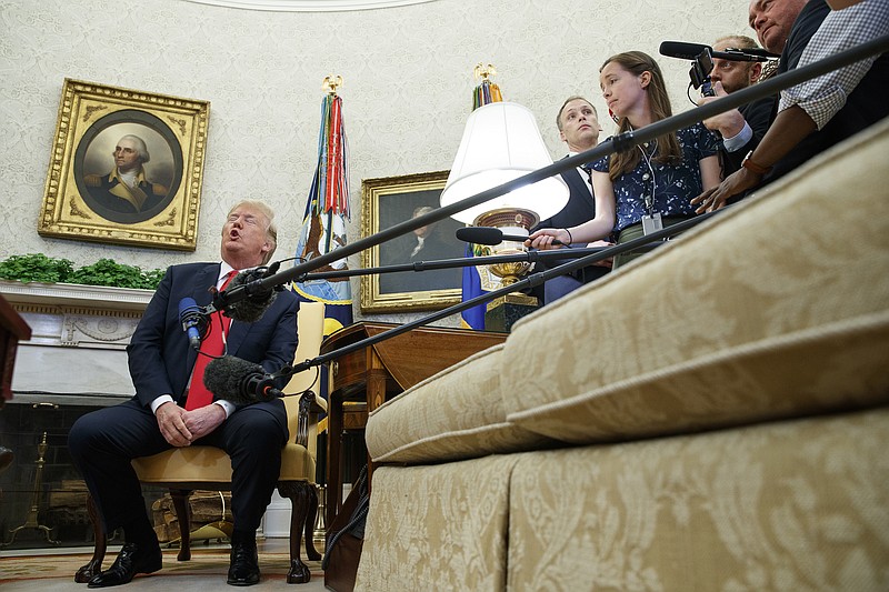 President Donald Trump speaks during a meeting with NATO Secretary General Jens Stoltenberg in the Oval Office of the White House, Thursday, May 17, 2018, in Washington. (AP Photo/Evan Vucci)