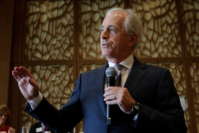U.S. Sen. Bob Corker speaks during the Chattanooga Bar Association's Law Day Breakfast at the Westin Hotel on Friday, May 18, 2018, in Chattanooga, Tenn. Corker answered questions from attendees about the Iran nuclear deal, North Korea and the political climate in Washington D.C.
