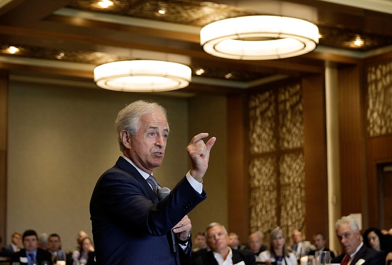 U.S. Sen. Bob Corker speaks during the Chattanooga Bar Association's Law Day Breakfast at the Westin Hotel on Friday, May 18, 2018, in Chattanooga, Tenn. Corker answered questions from attendees about the Iran nuclear deal, North Korea and the political climate in Washington D.C.
