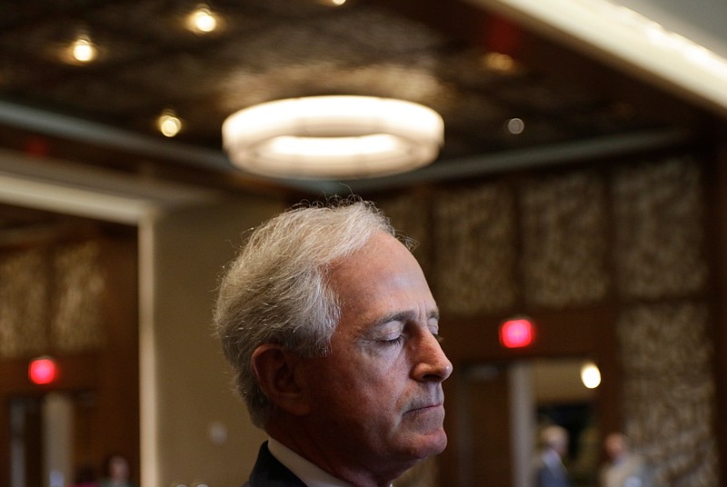 U.S. Sen. Bob Corker speaks during the Chattanooga Bar Association's Law Day Breakfast at the Westin Hotel on Friday, May 18, 2018, in Chattanooga, Tenn. Corker answered questions from attendees about the Iran nuclear deal, North Korea and the political climate in Washington D.C.
