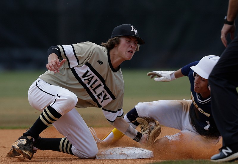 Lookout Valley 2nd baseman Cole Janeway tags University High runner Cas Blevins at 2nd during their Class A baseball sectional at Lookout Valley High School on Saturday, May 19, 2018, in Chattanooga, Tenn. 