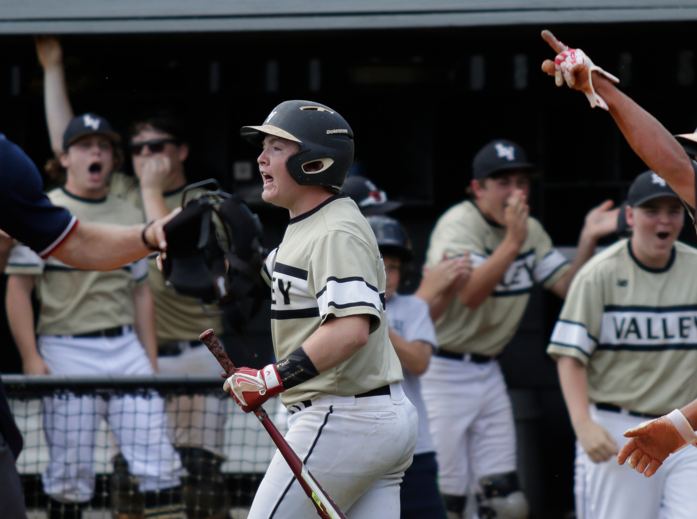 Lookout Valley players cheer a teammate's 2-run double during their Class A baseball sectional at Lookout Valley High School on Saturday, May 19, 2018, in Chattanooga, Tenn.