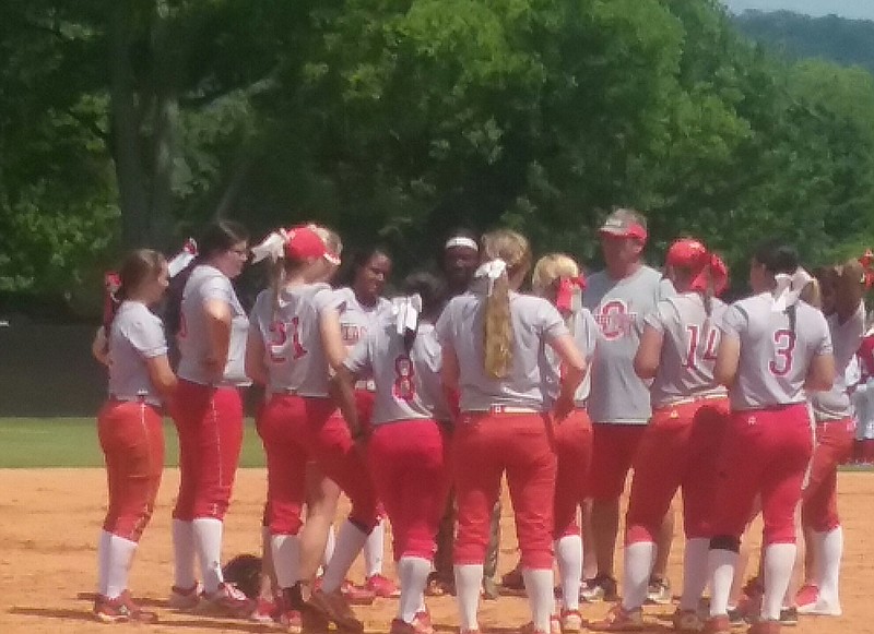 Ooltewah coach Jon Massey talks to his softball team after Saturday's Class AAA state-sectional victory over Lincoln County.
