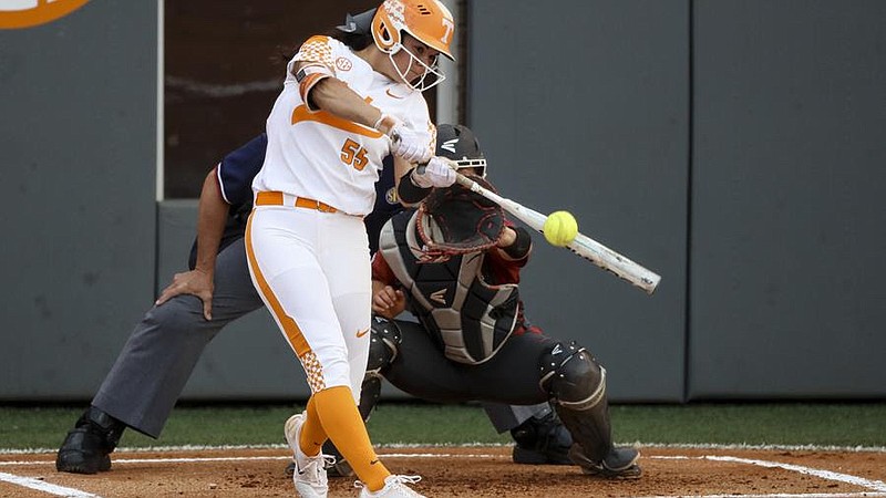 Tennessee shortstop Meghan Gregg swings during an NCAA regional game against James Madison. Gregg ended the game with a two-run home run.
