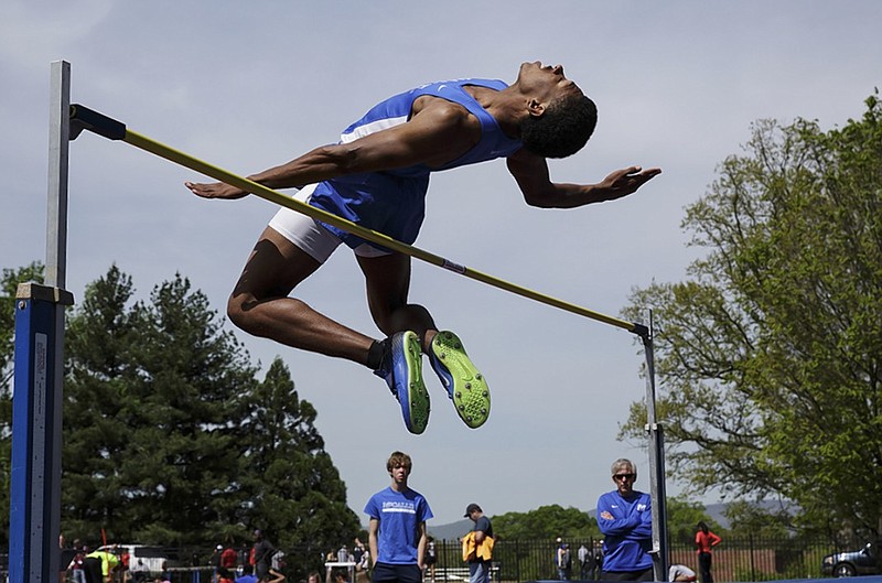 McCallie's Hakim McMorris competes in the high jump during the Blue Tornado's Mid-South track and field meet last month. McMorris turned in an outstanding performance to repeat as the TSSAA Division II-AA decathlon state champion Friday at Brentwood Academy.
