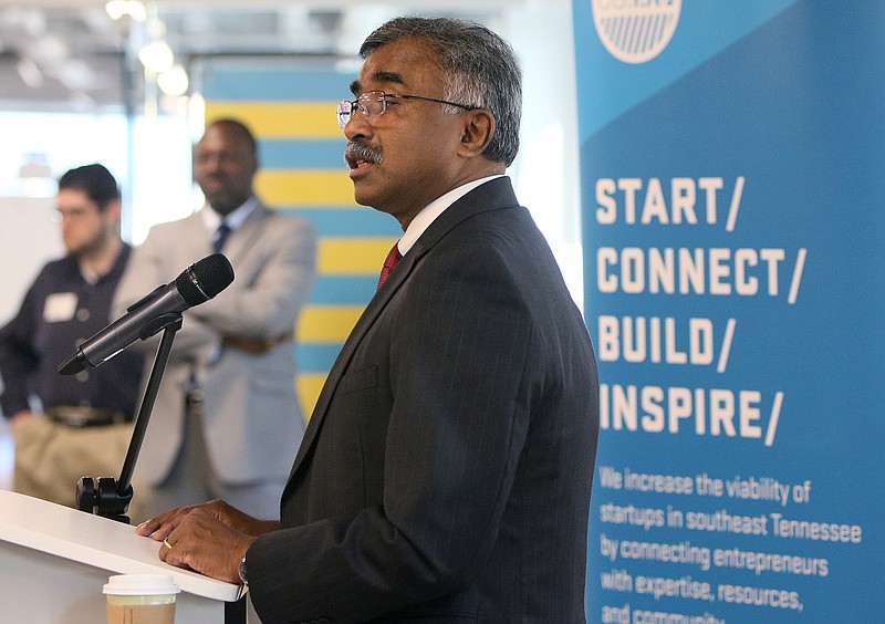 Thomas Zacharia, Oak Ridge National Laboratory director, speaks to entrepreneurs and others Wednesday, Aug. 23, 2017, during Zacharia's visit to the Innovation District at the Edney Building in Chattanooga, Tenn. Zacharia became the Oak Ridge Lab director July 1.