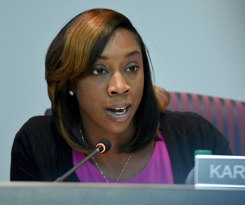 School board member Karitsa Mosley speaks as the Hamilton County Board of Education meets to rework their 2016 budget request Monday, June 1,  2015, in Chattanooga, Tenn. 