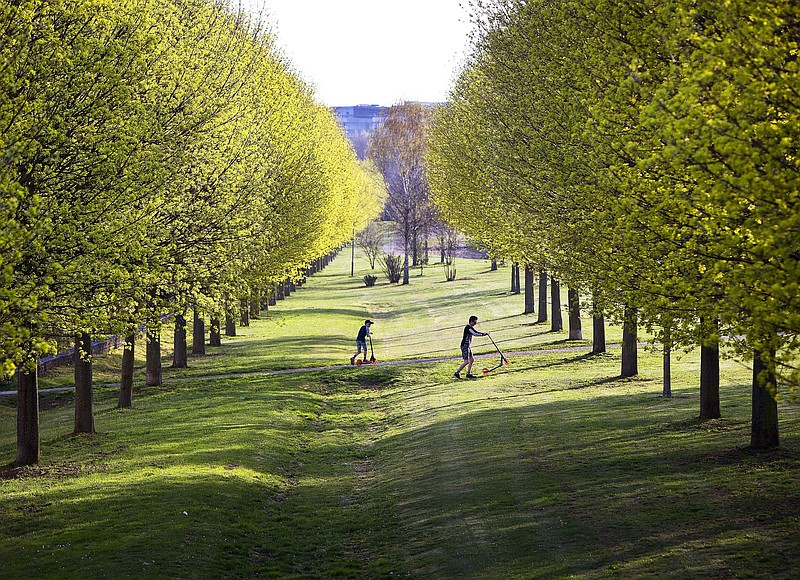 FILE - In this April 11, 2018, file photo, two boys push their scooters through a park with green blossoming trees in Frankfurt, Germany. When you weigh all life on Earth, billions of humans don’t amount to much compared to trees, earthworms or even viruses, according to a study in the Monday, May 21, 2018, Proceedings of the National Academy of Sciences. (AP Photo/Michael Probst, File)