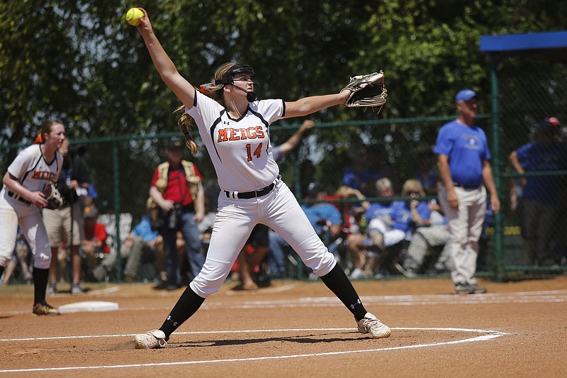 Ashley Rogers, shown pitching during last year's TSSAA Class A state softball final, was chosen the Gatorade state player of the year after leading Meigs County to its second consecutive state championship. Behind the hard-throwing right-hander who is headed to Tennessee, the Lady Tigers are back this season playing for the Class AA title.