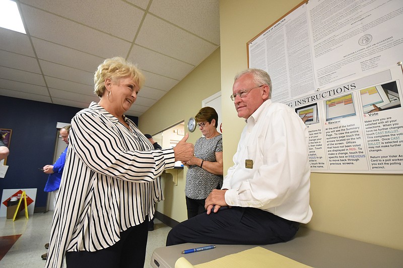 Superior Court Judge Ralph Van Pelt Jr., right, receives a thumbs up from Wanda Hill, left, late Tuesday, May 22, 2018,  in Ringgold.