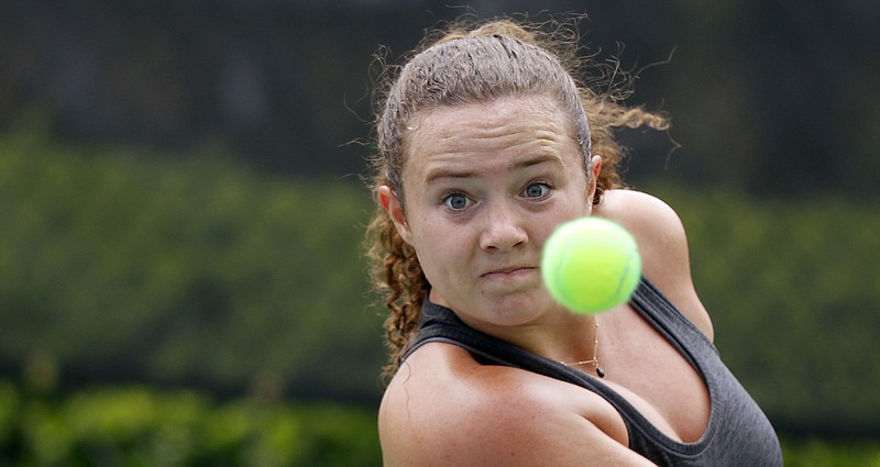 Staff photo by C.B. Schmelter / 
GPS' Maddox Bandy eyes the ball against Hutchison during her No. 1 singles in the Division II Class AA semifinals during Spring Fling XXV at the Adams Tennis Complex on Tuesday, May 22, 2018 in Murfreesboro, Tenn.
