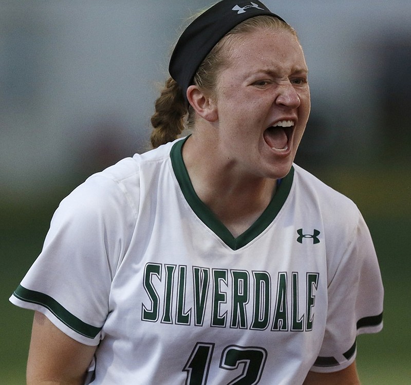 Silverdale Baptist Academy's Kaili Phillips reacts to getting a third out against Tipton-Rosemark in a Division II-A softball state tournament game Tuesday in Murfreesboro.