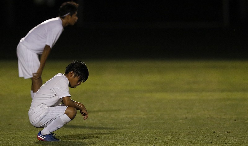 Howard's Cristian Garcia, front, and Aldieri Escalante Perez react after allowing a second goal to Stratford during their Division I Class AA quarterfinal match during Spring Fling XXV at the Richard Siegel Soccer Park on Tuesday, May 22, 2018 in Murfreesboro, Tenn.