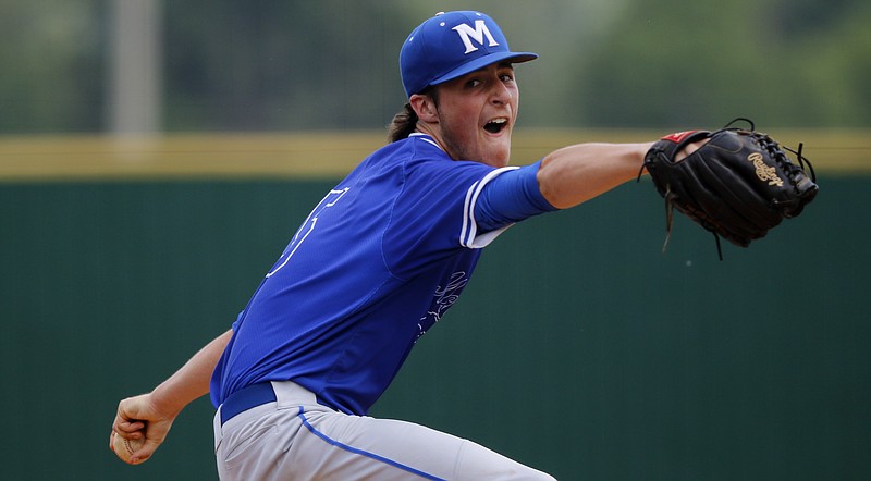 Staff photo by C.B. Schmelter / 
McCallie's Grayson Jones pitches against Baylor during the Division II Class AA winner's bracket final at Wilson Central High School during Spring Fling XXV on Wednesday, May 23, 2018 in Lebanon, Tenn.