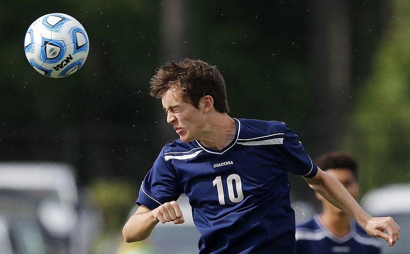 Arts & Sciences' Nicholas Webber (10) heads the ball during their Division I Class A quarterfinal match against Columbia Academy during Spring Fling XXV at Richard Siegel Soccer Park on Tuesday, May 22, 2018 in Murfreesboro, Tenn.