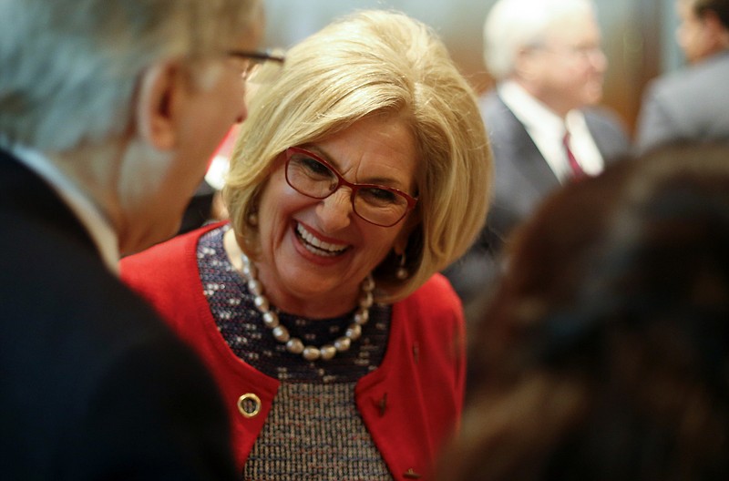 Gubernatorial candidate Diane Black laughs as she mingles during the Hamilton County Republican Party's annual Lincoln Day Dinner at The Chattanoogan on Friday, April 27, 2018, in Chattanooga, Tenn.