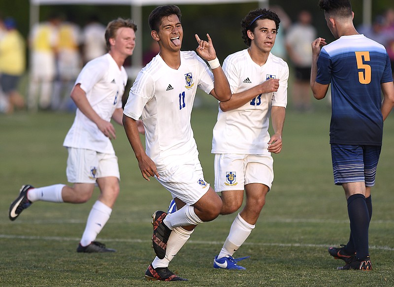 Boyd-Buchanan's Ayden Otero (11) celebrates scoring a goal.  The Boyd-Buchanan Buccaneers played Lausanne in soccer in the TSSAA Division II Class AA soccer tournament on May 23, 2018.