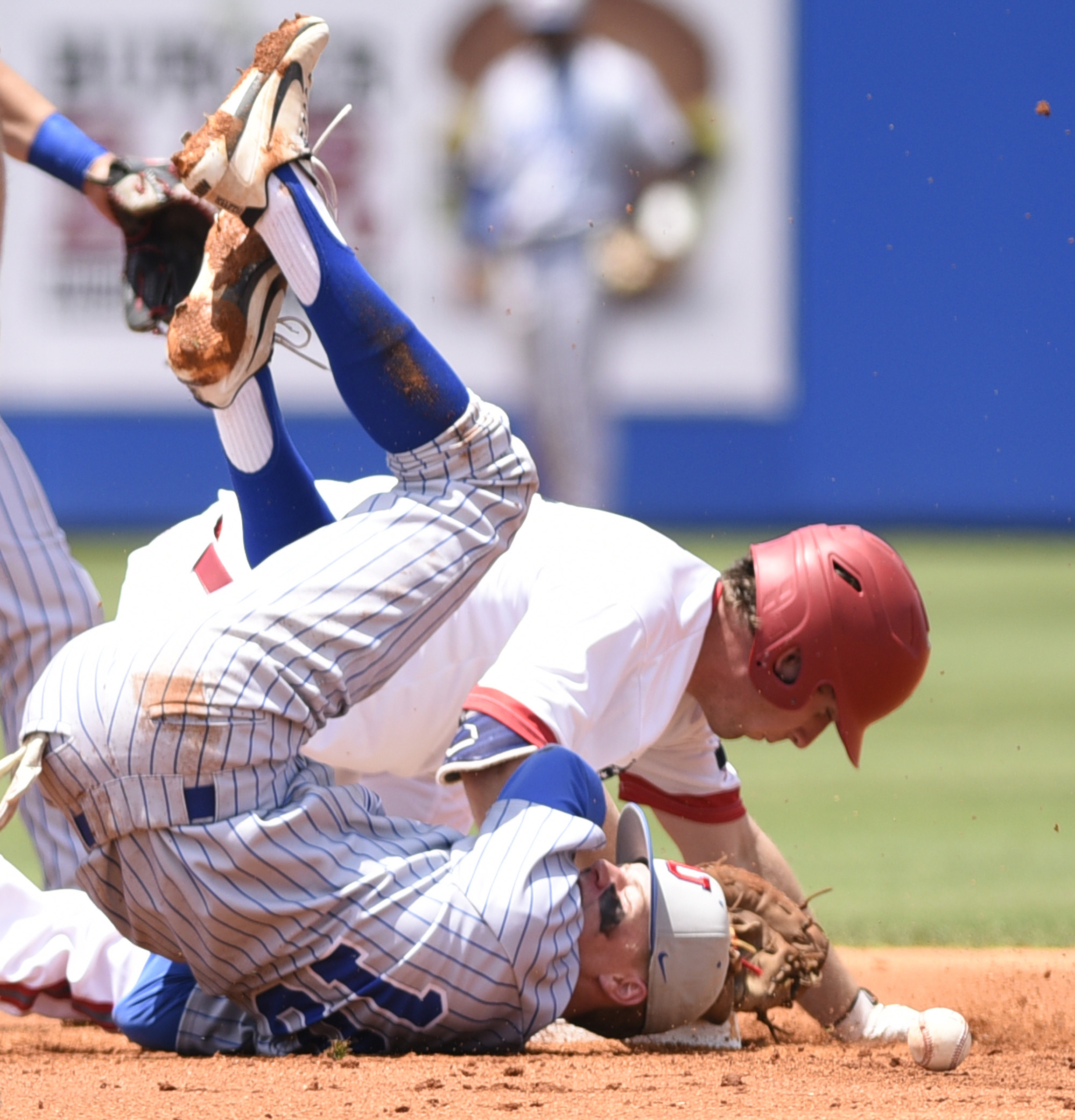 Baylor's Stanley King (6) is safe at second after colliding with the MUS player. King was almost cut off during the Division II-AA baseball championship against Memphis University School in TSSAA Spring Fling action in Murfreesboro, Tenn. on May 24, 2018.