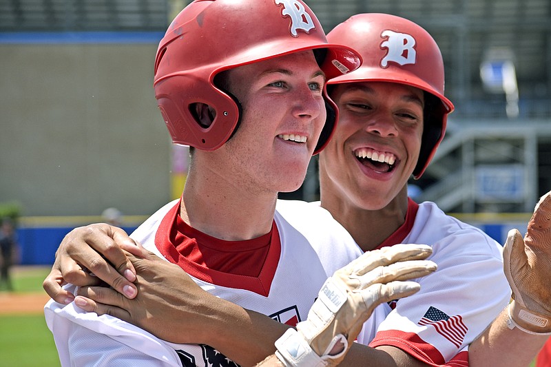 From left, Baylor's Teddy Lepico and Daniel Corona celebrates Lepico's three-run home run in the Division II AA champioinship baseball in TSSAA Spring Fling action in Murfreesboro, Tenn. on May 24, 2018.