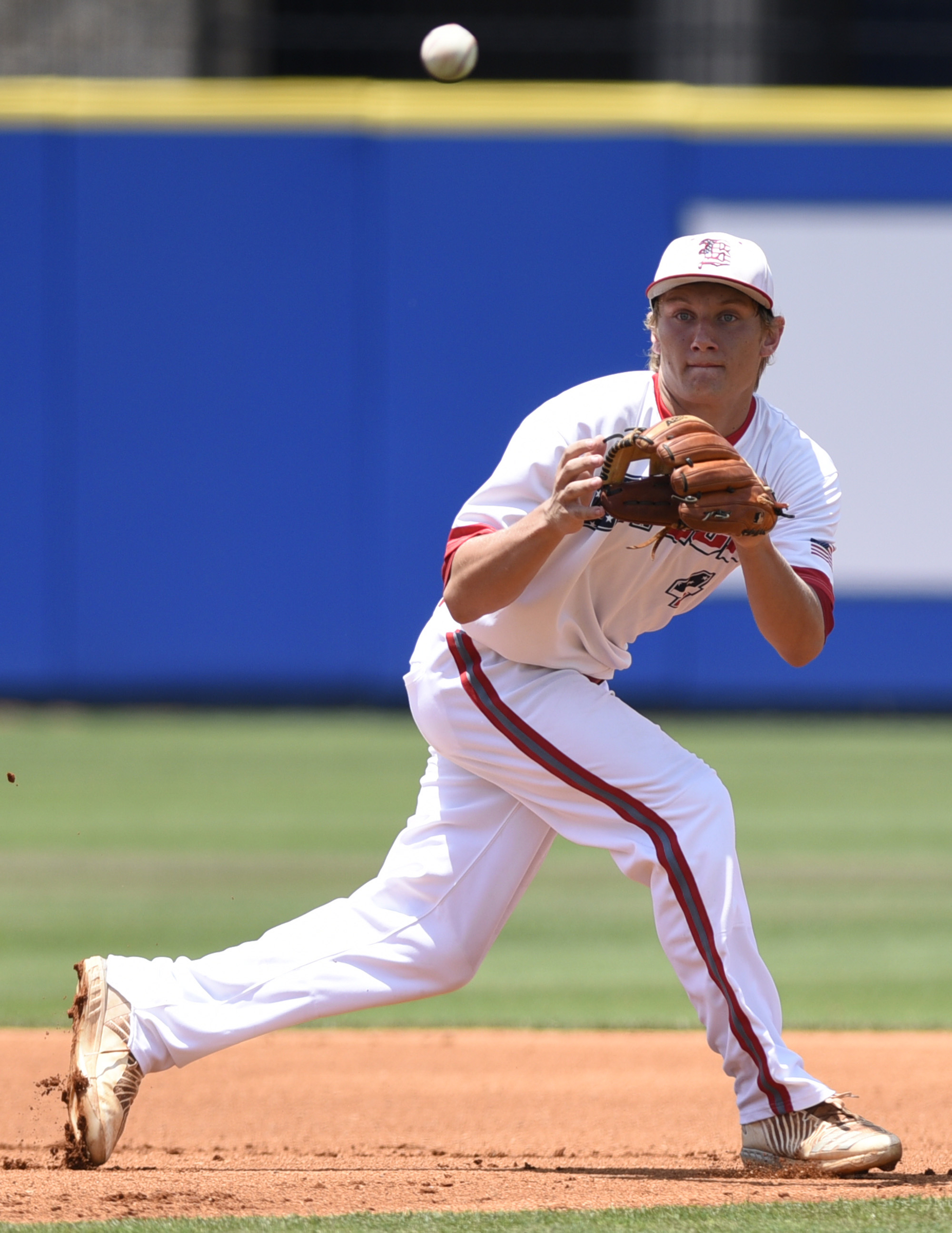 Baylor third baseman Greg Ebel (4) handles a high grounder during the Division II-AA baseball championship against Memphis University School in TSSAA Spring Fling action in Murfreesboro, Tenn. on May 24, 2018.