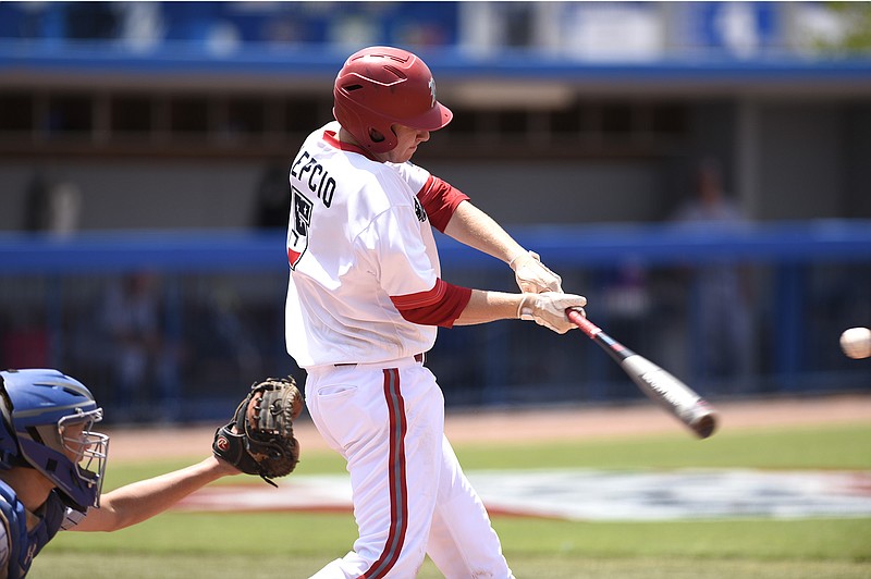 Teddy Lepcio makes contact for Baylor during the 2018 TSSAA Division II-AA baseball final against Memphis University School at Middle Tennessee State in Murfreesboro. Lepcio went 2-for-4 with a home run and four RBIs as the Red Raiders rolled to a 12-4 victory for the program's third state championship.