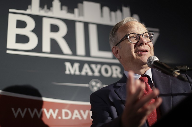 Nashville, Tenn., Mayor David Briley speaks to supporters after winning a special election to remain as mayor Thursday, May 24, 2018, in Nashville. Briley took over as the city's mayor in early March after Megan Barry who pleaded guilty to a felony and resigned amid an extramarital affair with her bodyguard. (AP Photo/Mark Humphrey)