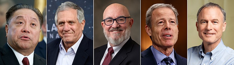 This photo combination shows the five highest-paid CEOs at big U.S. companies for 2017, as calculated by The Associated Press and Equilar, an executive data firm. From left: Hock E. Tan, Broadcom, $103.2 million; Leslie Moonves, CBS, $68.4 million; W. Nicholas Howley, TransDigm, $61 million; Jeffrey Bewkes, Time Warner, $49 million; and Stephen Kaufer, TripAdvisor, $43.2 million. (AP Photo)
