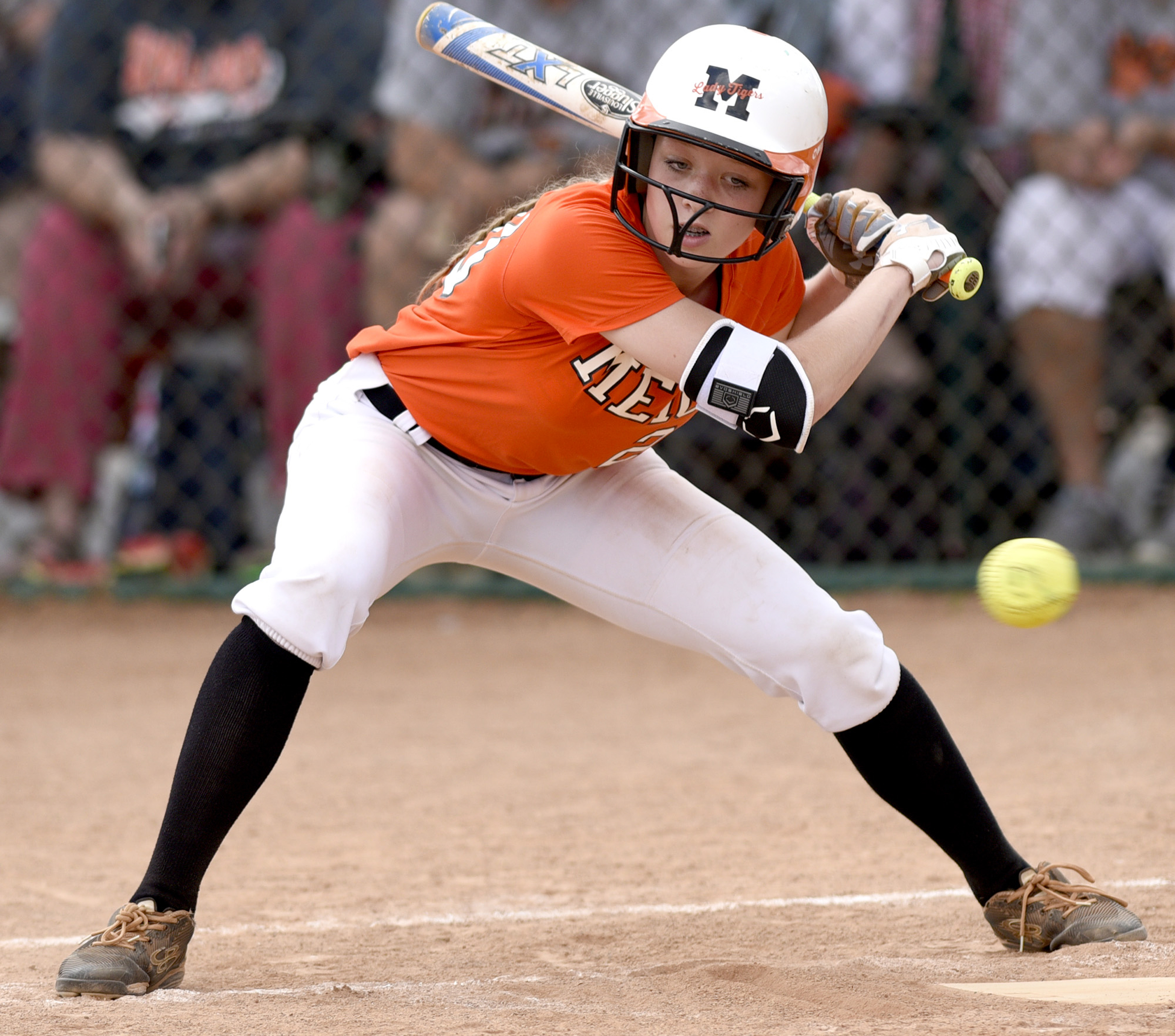 Meigs County's Kassidy Kenny (20) watches a ball go by. White House Heritage forces a second game by defeating Meigs 3 to 1. Meigs County faced White House Heritage in the final of the TSSAA Class AA softball championship at the Starplex in Murfreesboro, Tenn. on May 25, 2018.