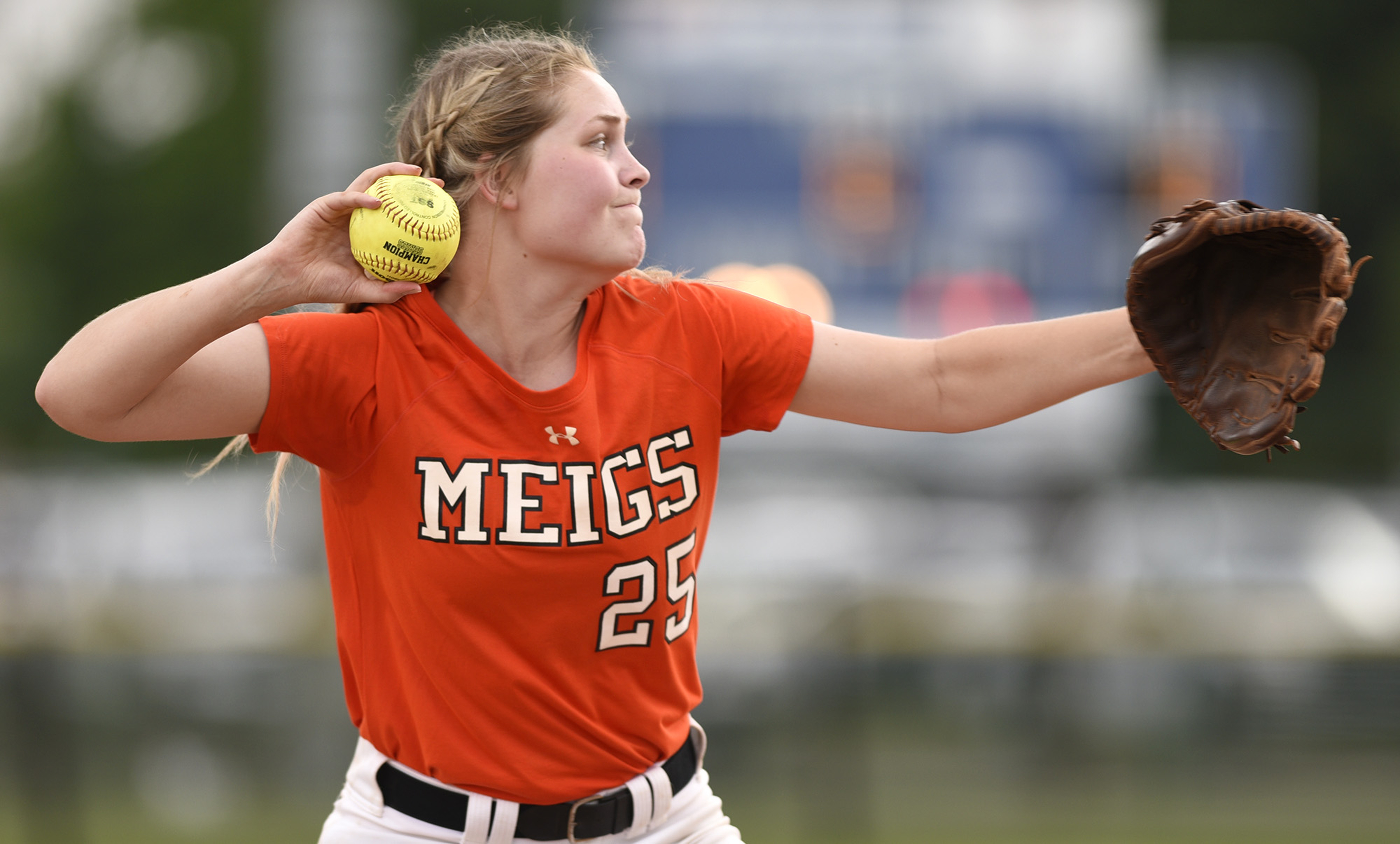 Meigs County shortstop, Kaylie Moore (25) throws to first. Walker Valley faced Powell in the final of the TSSAA Class AAA softball championship at the Starplex in Murfreesboro, Tenn. on May 25, 2018.