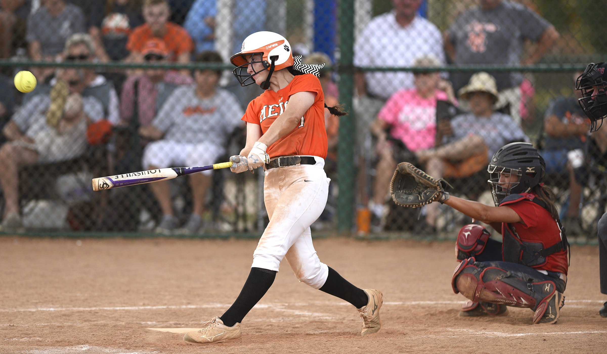 Meigs County's Taylor Odum (1) connects for a base hit. White House Heritage forces a second game by defeating Meigs 3 to 1. Meigs County faced White House Heritage in the final of the TSSAA Class AA softball championship at the Starplex in Murfreesboro, Tenn. on May 25, 2018.