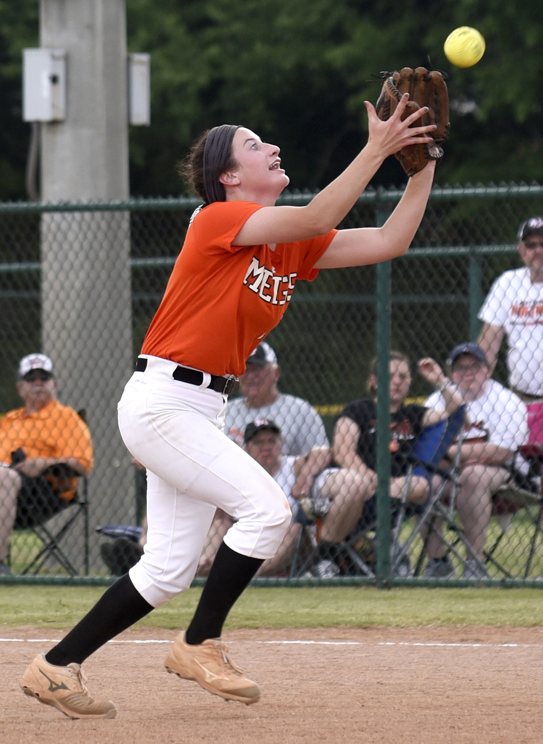 Meigs County second baseman, Taylor Odum (1) catches a pop up for a out. Meigs County faced White House Heritage in the final of the TSSAA Class AA softball championship at the Starplex in Murfreesboro, Tenn. on May 25, 2018.
