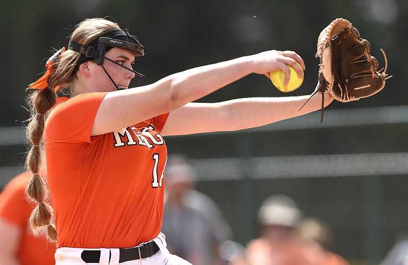 Meigs County High School pitcher Ashley Rogers winds up during a game against White House Heritage in the TSSAA Class AA softball state tournament in May 2018 in Murfreesboro, Tenn. / Staff photo by Robin Rudd