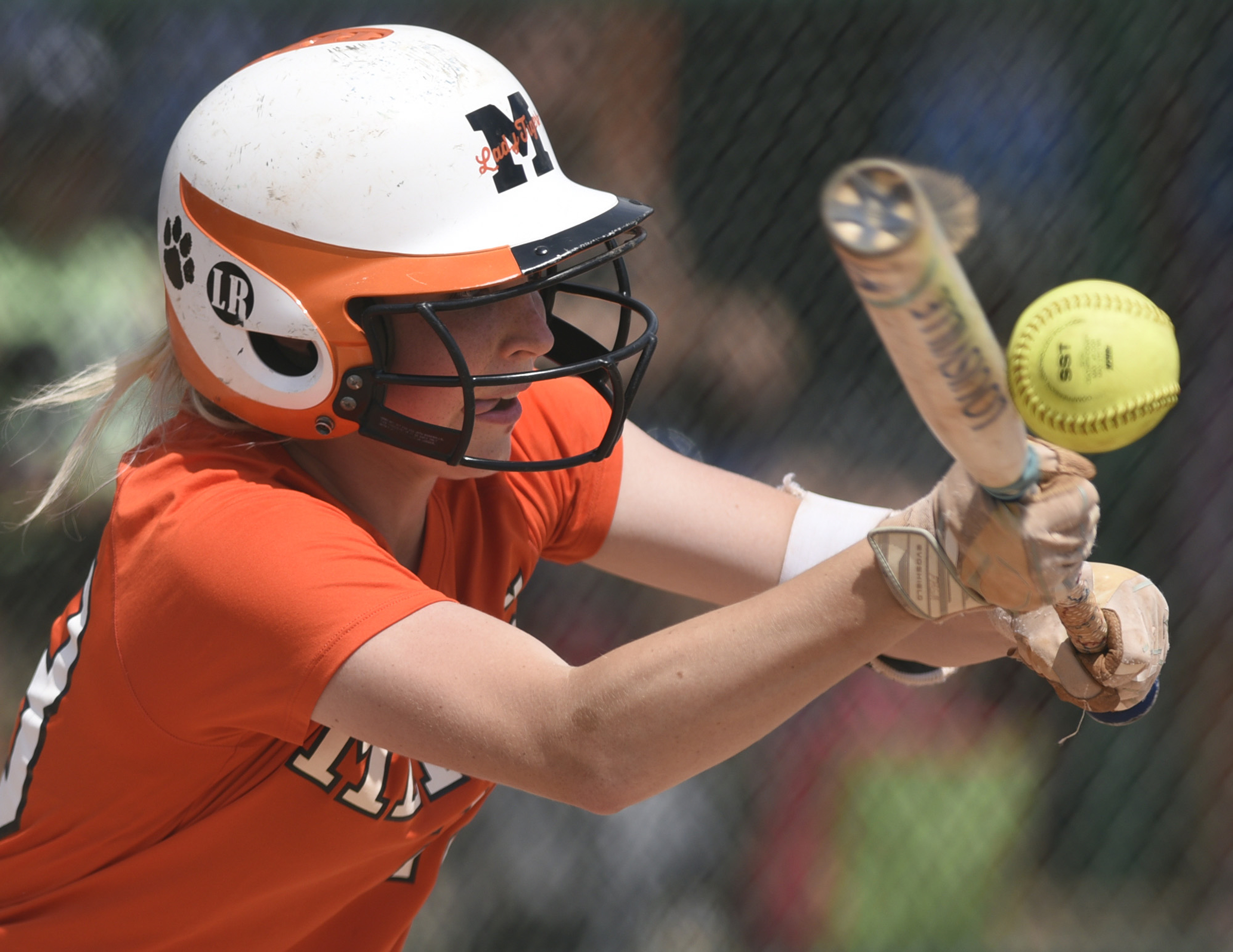 Meigs County's Arika Reed (23) bunts. White House Heritage forces a second game by defeating Meigs 3 to 1. Meigs County faced White House Heritage in the final of the TSSAA Class AA softball championship at the Starplex in Murfreesboro, Tenn. on May 25, 2018.