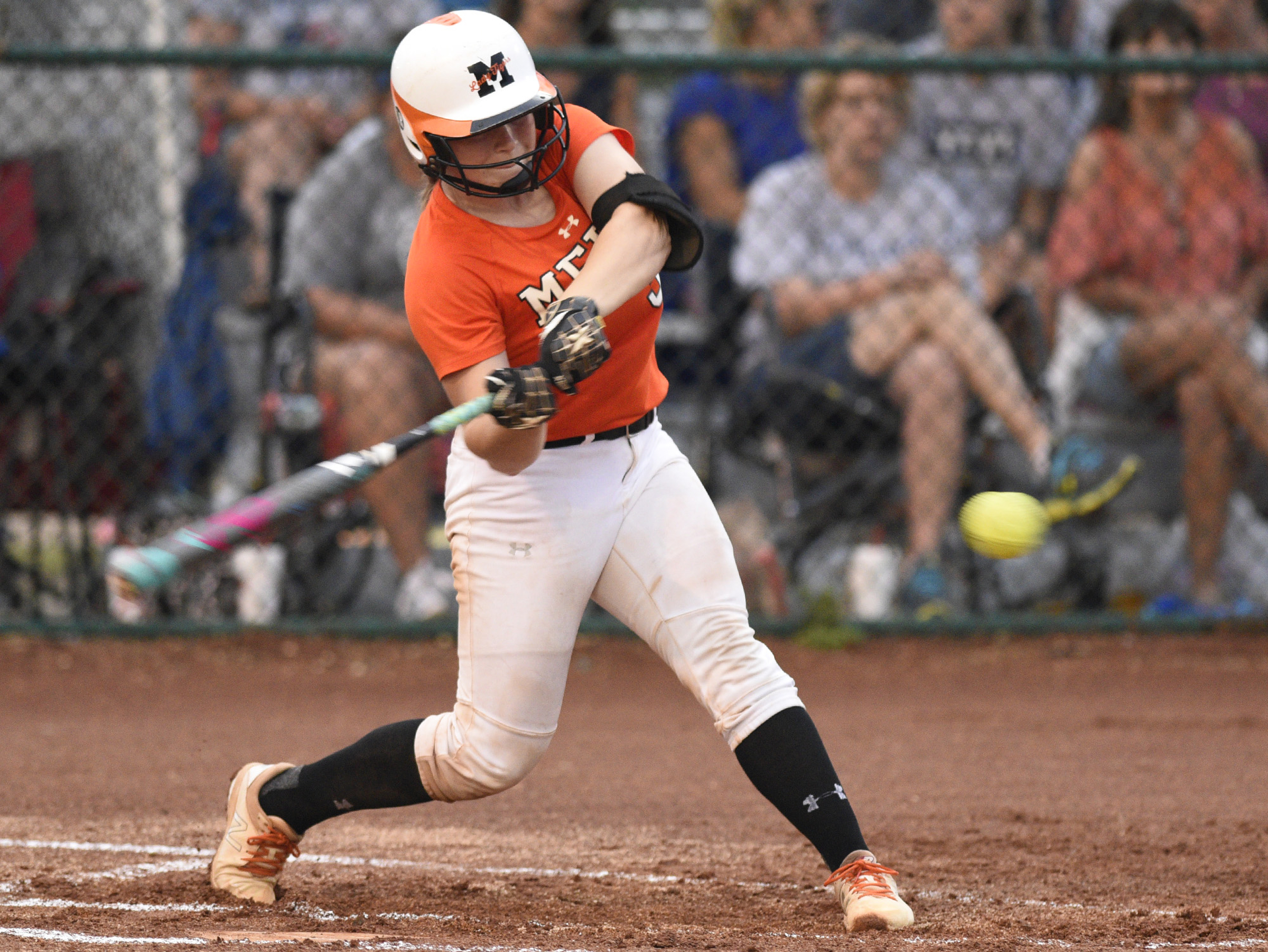 Meigs County's Aubrey Reed connects for a two-run home run in the final game of the TSSAA Class AA softball tournament Friday night in Murfreesboro.