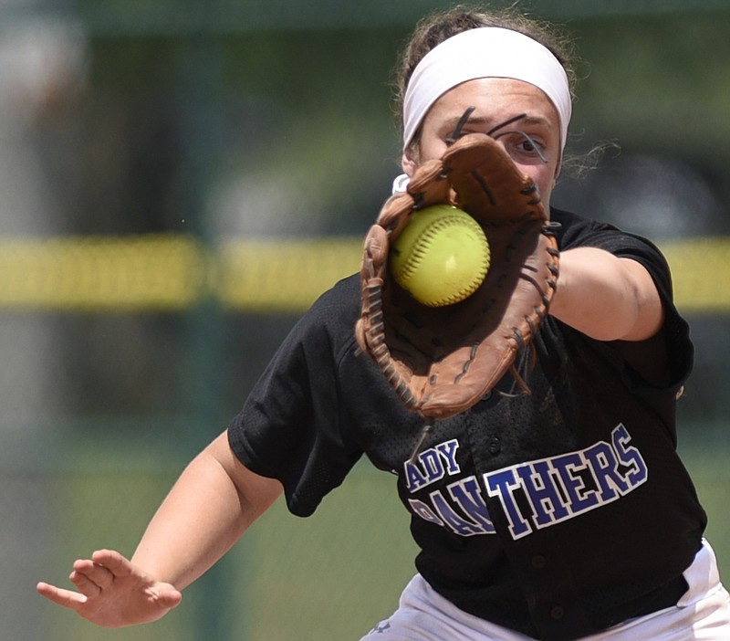 Sale Creek second baseman, Leah Campbell (9) fields a grounder.  Sale Creek fell to Summertown, 7-5, in the final of the TSSAA Class A softball championship at the Starplex in Murfreesboro, Tenn. on May 25, 2018.